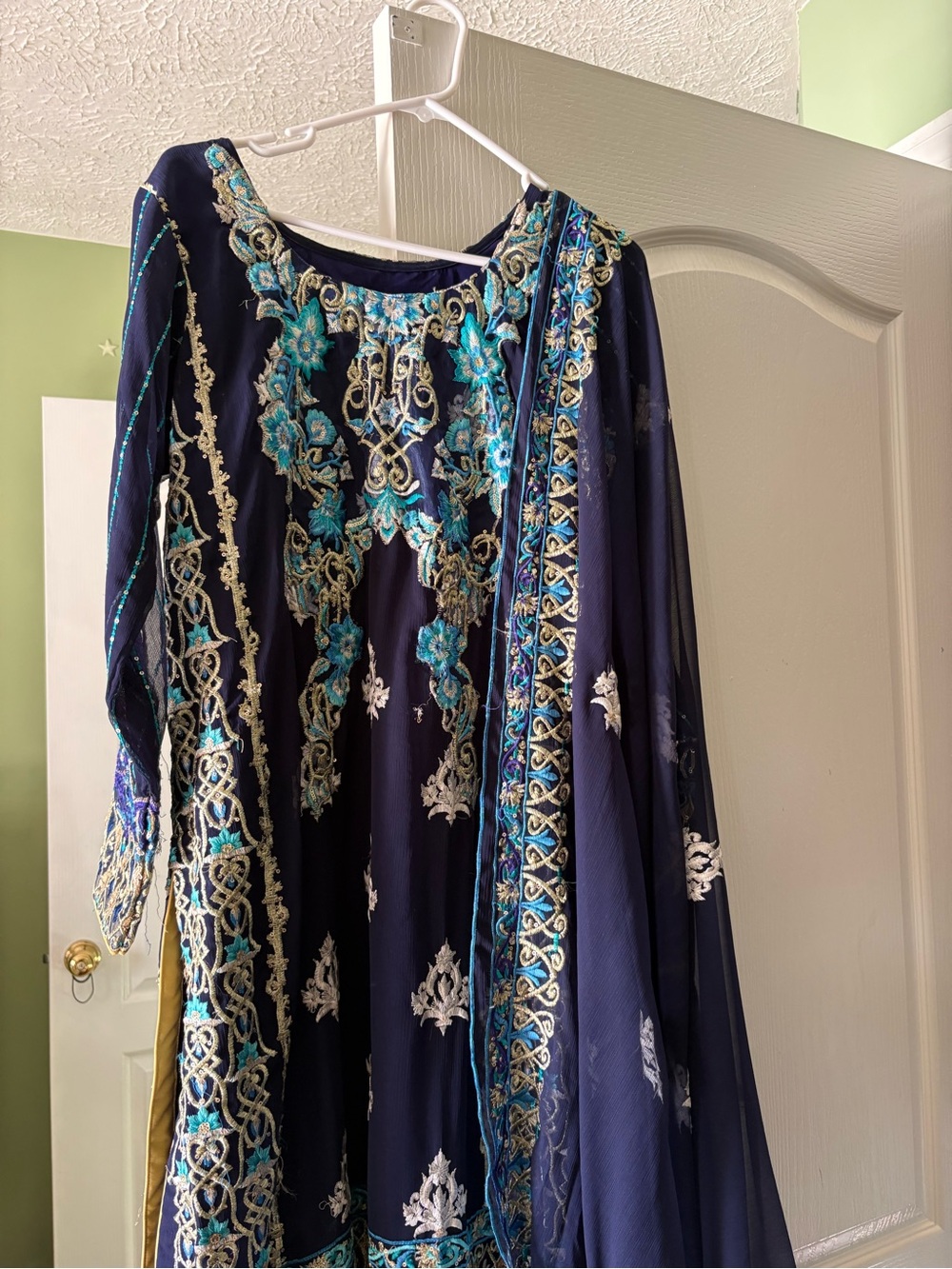 Embroidered Navy Blue Women's Dress with Turquoise Accents- Indian Style